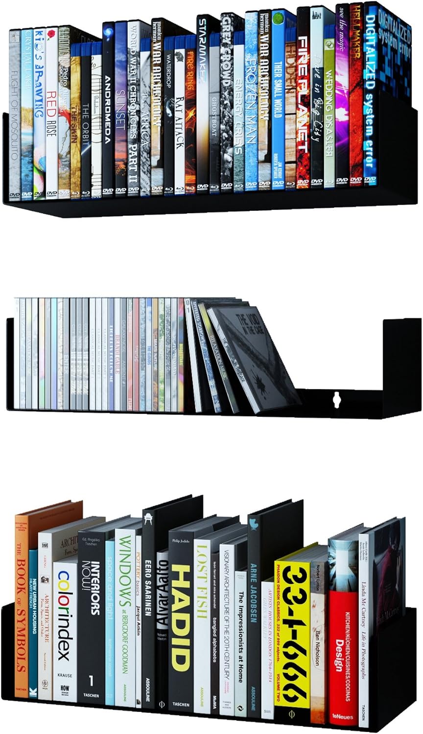 Wallniture Bali White Floating Shelves for Wall, CD DVD Storage Shelves and Metal Bookshelf Set of 3