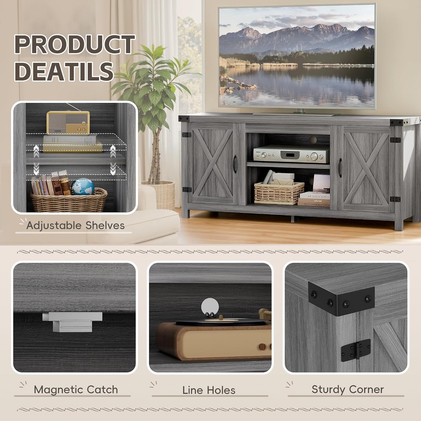 YESHOMY Modern Farmhouse TV Stand with Two Barn Doors and Storage Cabinets for Televisions up to 65+ Inch,Entertainment Center Console Table,Media Furniture for Living Room, Grey