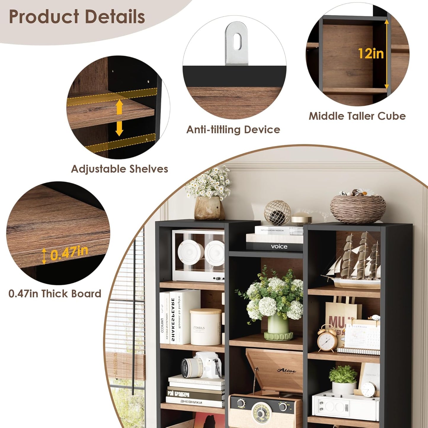 FOTOSOK 71’’ Tall Bookshelf, Triple Wide Bookshelf with Adjustable Shelves, 8 Tier Media CD DVD Storage Tower Rack, Diaplay Cabinet Shelf, Cube Storage Organizer Shelf for Home Office, Black/Brown