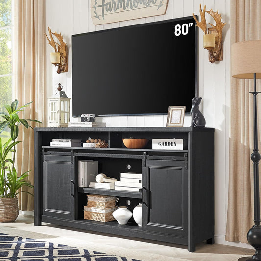Farmhouse TV Stand for Living Room, Large Black Entertainment Center with Storage, TV Console for Bedroom, TV Stand with Sliding Barn Door Television Stands for 80 Inch TV, 38 Inch Tall Media Cabinet
