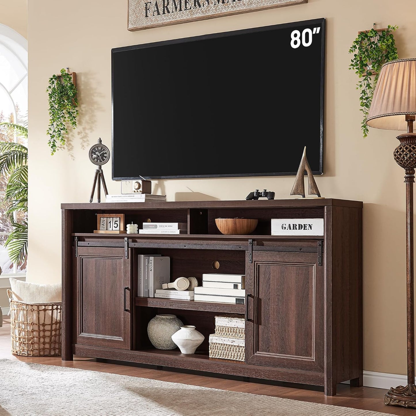 Farmhouse TV Stand for Living Room, Large Black Entertainment Center with Storage, TV Console for Bedroom, TV Stand with Sliding Barn Door Television Stands for 80 Inch TV, 38 Inch Tall Media Cabinet