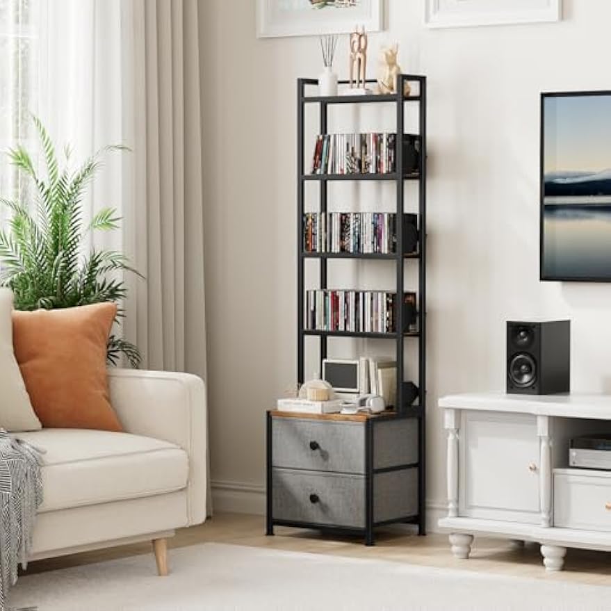 CD Storage Rack with Drawer, 5-Tier DVD Organizer Shelf w/Adjustable Book Stoppers, Media Storage Rack for CD/DVD, Books & Games, Ideal for Living Room & Home Office – 15.7x11.8x56.5Inches