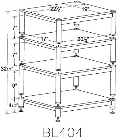 VTI BL404BB - 4 Shelf Audio Rack TV Stand up to 27" TVs with Black Frame, Black Cap/Spikes and Black Shelf.