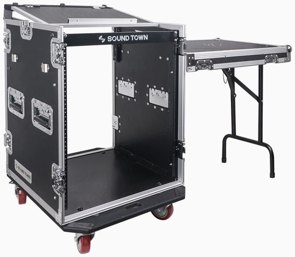 Sound Town Enhanced Thickness 1/2” (12mm) Plywood 8U Audio Rack/Road ATA Case with 11U Slant Mixer Top, 20’’ Rackable Depth, Casters, 8 Space Size, Pro Tour Grade (STMR-8UW)