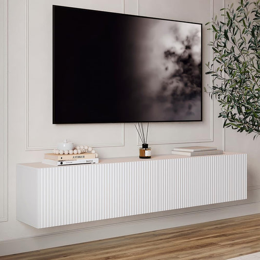 Living Skog Floating TV Stand Wall Mounted for Living Room and Bedroom, Media Console Table, Entertainment Center with Storage and Drawers Fits TV 50 55 60 65 inch Cabinet (White, 59 inch)