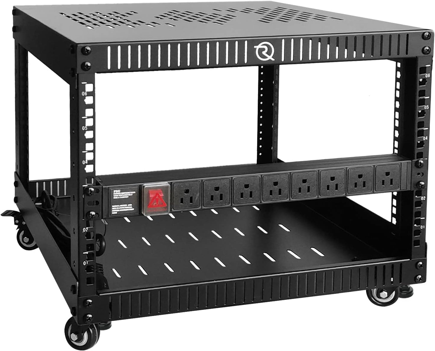RIVECO 12U Network Rack with Reinforced Top Cover - 4 Post Floor Rack on Wheels for 19" Equipment & Stereo Gear- Including Rack Mount Power Strip & 1PCS 1U Rack Shelf