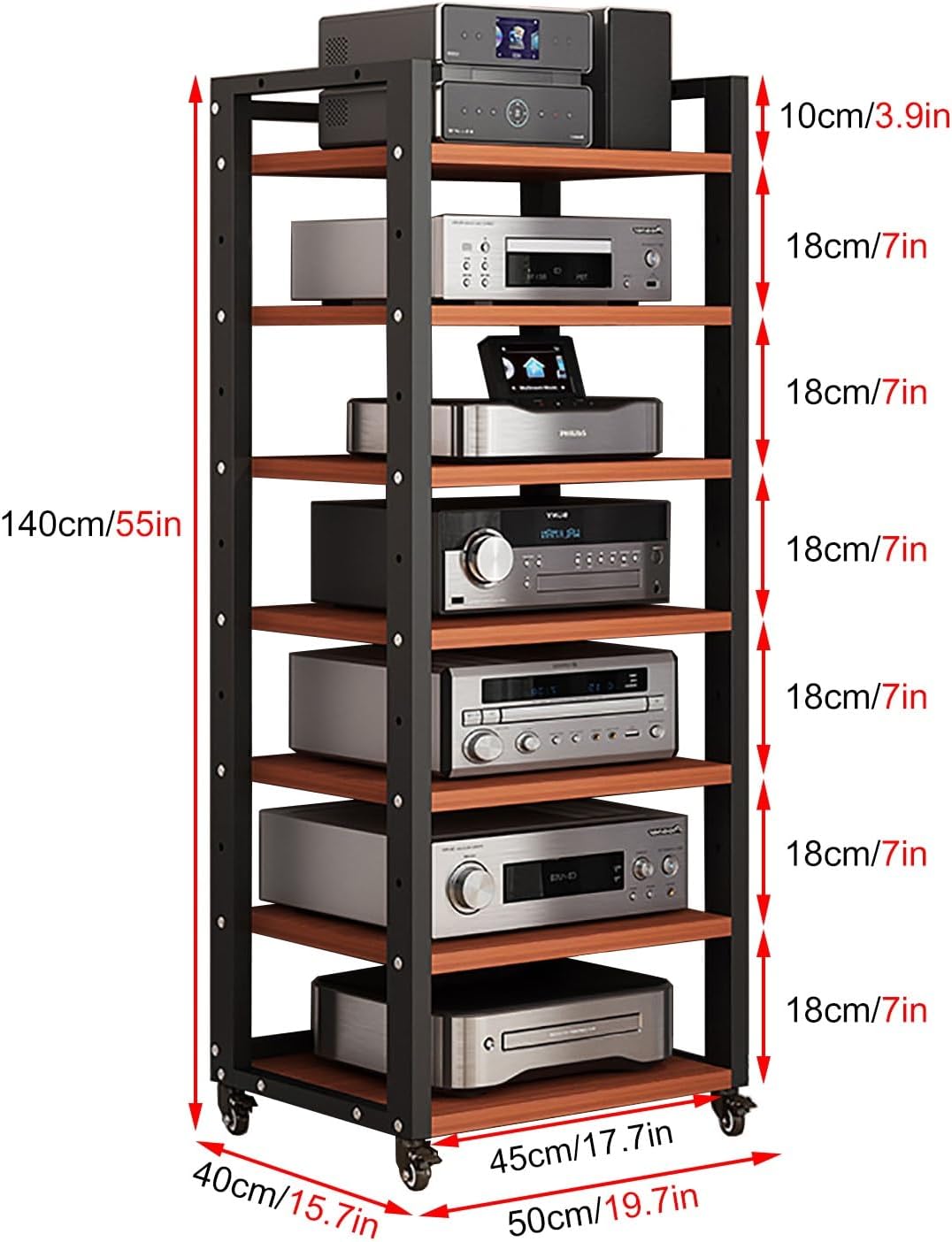 7-Tier AV Media Stand, Audio Rack Stereo Cabinet, Adjustable Media Storage Shelves with Wheels, CD Player Video Game Console Shelf Entertainment Component Stand(A)