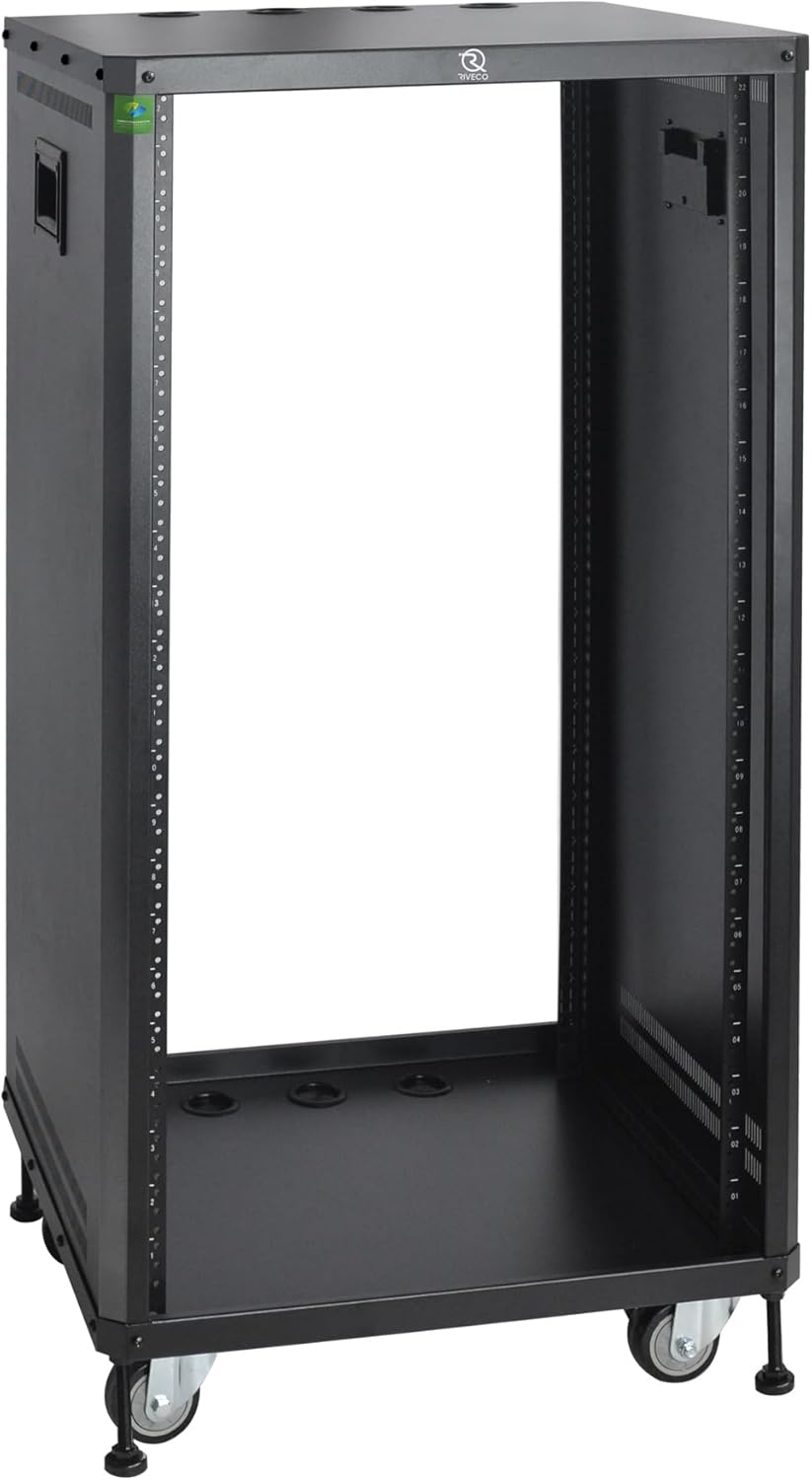 RIVECO POMU 18U Stereo & Server Rack with Caster Wheels, Rolling Network Cabinet, Open Frame for 19 inches Audio Video Music Recording & IT Equipment, Obtuse Angel, Lifting Handle