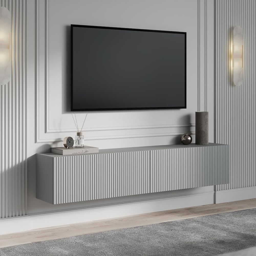 Living Skog Floating TV Stand Wall Mounted for Living Room and Bedroom, Media Console Table, Entertainment Center with Storage and Drawers Fits TV 50 55 60 65 inch Cabinet (White, 59 inch)