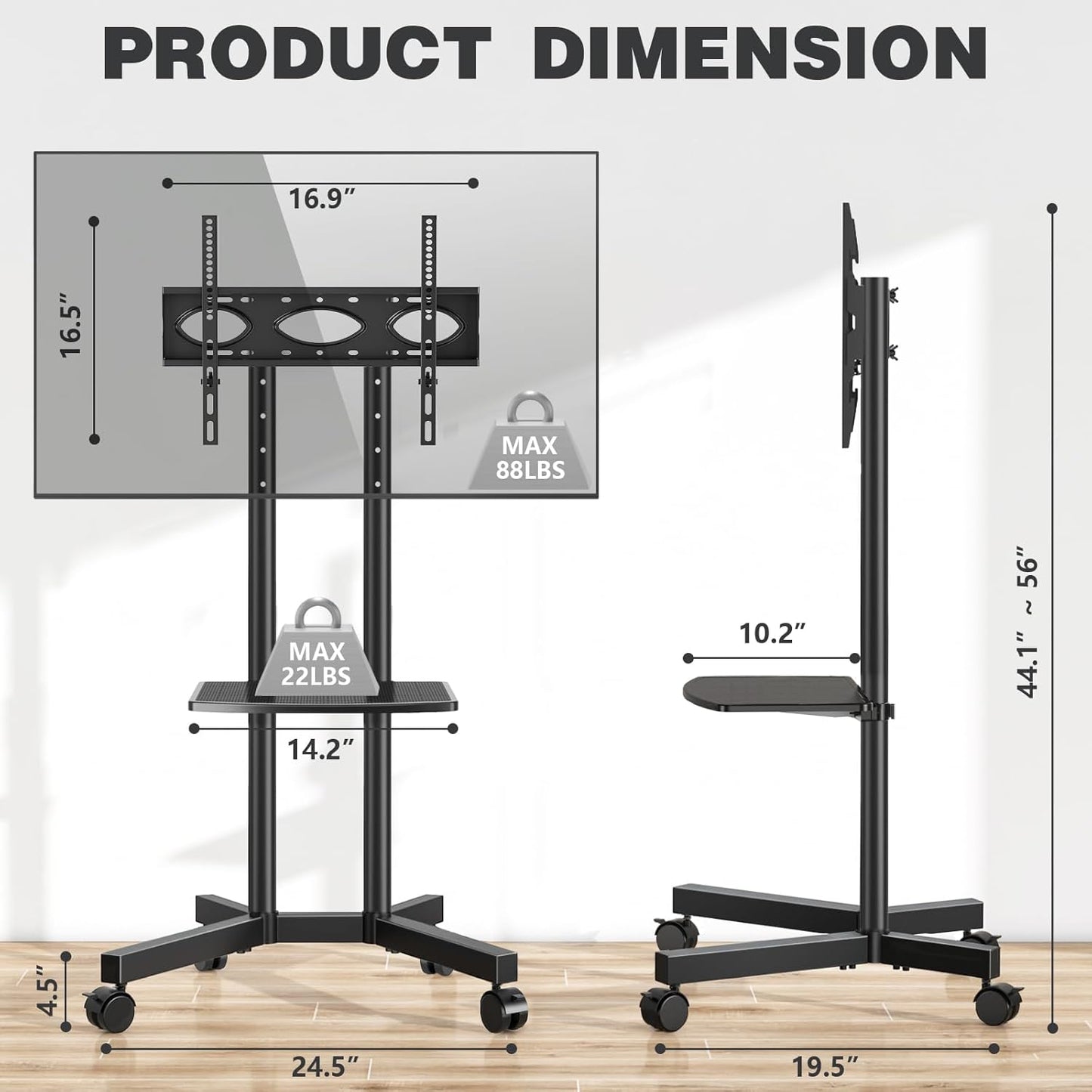 Mobile TV Stand with Upgraded Wheels for 32-75 Inch TVs up to 88 lbs, Height Adjustable Rolling TV Stand with Laptop Shelf, Mobile TV Cart with Heavy Duty Structure for Living Room, Patio, Office