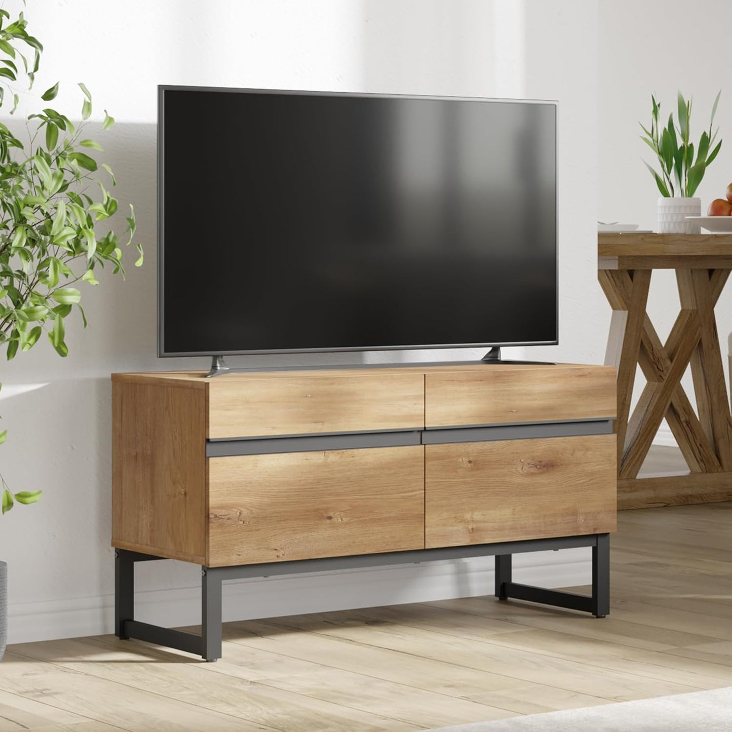 Wampat 3 in 1 Modern TV Stand for Up to 110 inch TVs, Wood Entertainment Center with Storage Cabinets and Metal Base, Living Room Media Console, Brown
