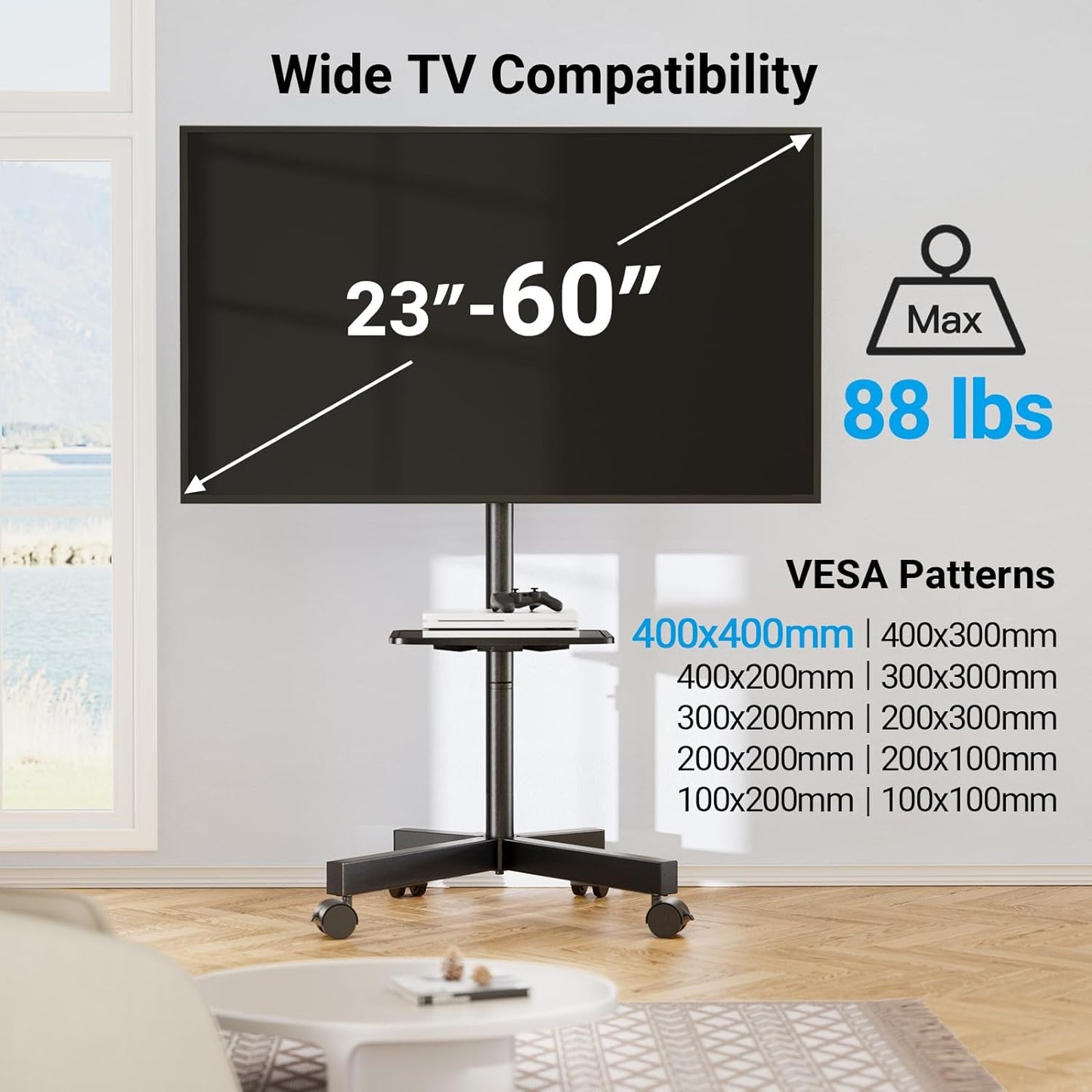 PERLESMITH Mobile TV Stand for 23-60 Inch LCD LED Flat/Curved Screen TVs, Tilt TV Cart Holds up to 88Lbs, Portable TV Stand with Laptop Shelf, Rolling TV Floor Stand Max VESA 400x400mm (PSTVMC06)