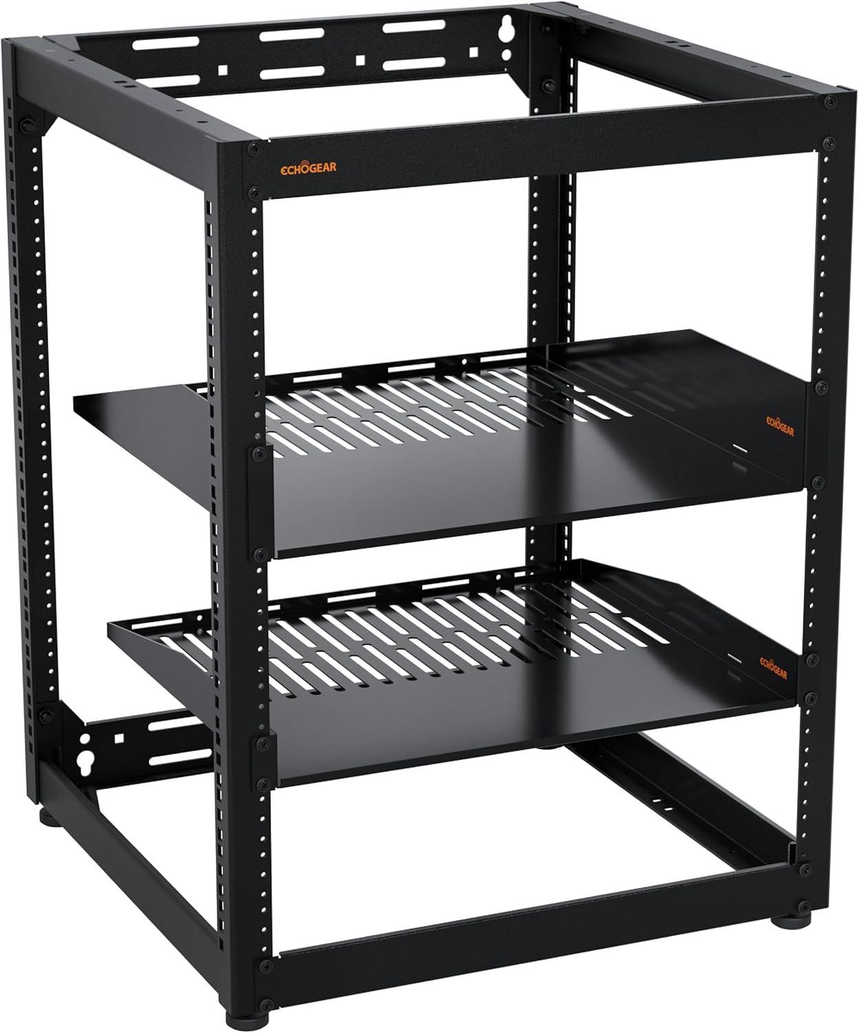 ECHOGEAR 20U Open Frame Rack for Servers & AV Gear - Wall Mountable Design Includes 2X Vented Shelves, 25x Rack Mounting Screws, 4X Leveling Feet, 4X Shelf Stops, & 2X Securement Straps