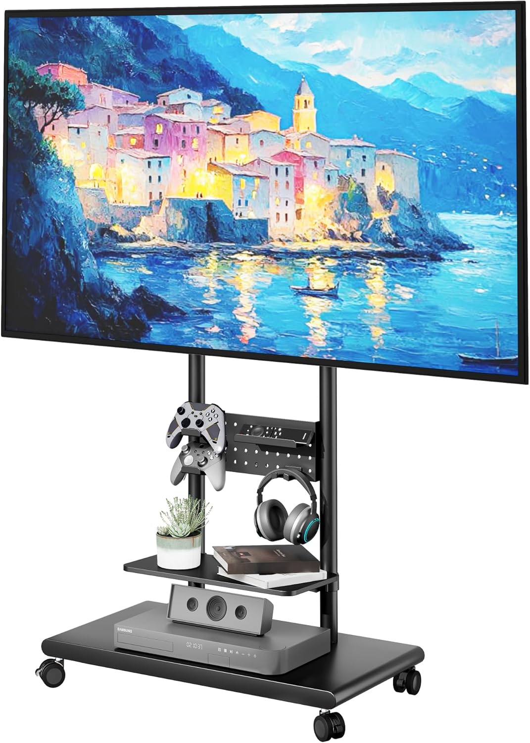 Rolling TV Stand with Versatile Storage Pegboard for 50-90 inch TVs up to 154lbs, Height Adjustable Mobile TV Stand with Storage Shelves, Tilt Swivel TV Cart Max VESA 600x400mm, White