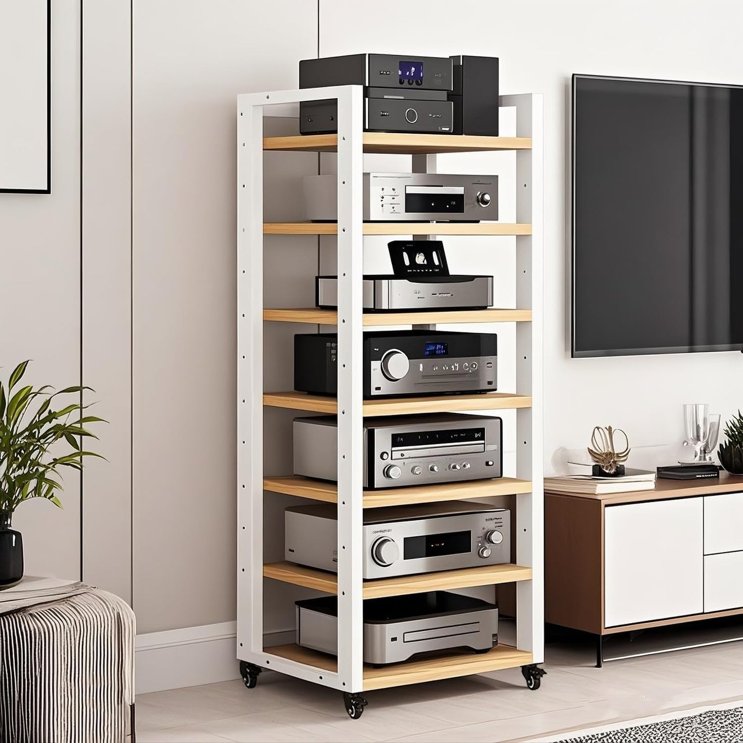 6 Tier AV Media Stand, Audio Rack Tower Stereo Components Cabinet, Home Theatre CD Record Player Stereo Receiver Equipment Rack with Adjustable Wood Shelves, Load 400lbs (Brown,6 Tier- 55in)
