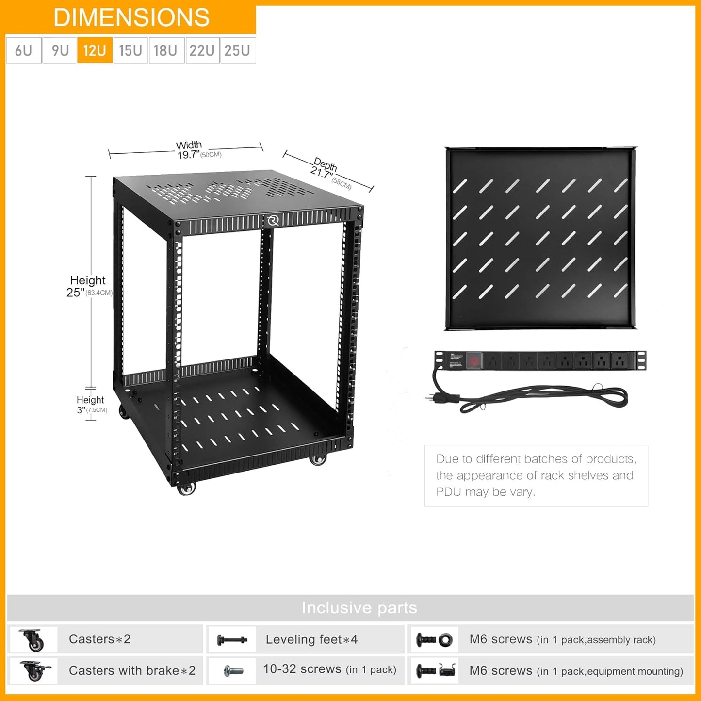RIVECO 12U Network Rack with Reinforced Top Cover - 4 Post Floor Rack on Wheels for 19" Equipment & Stereo Gear- Including Rack Mount Power Strip & 1PCS 1U Rack Shelf