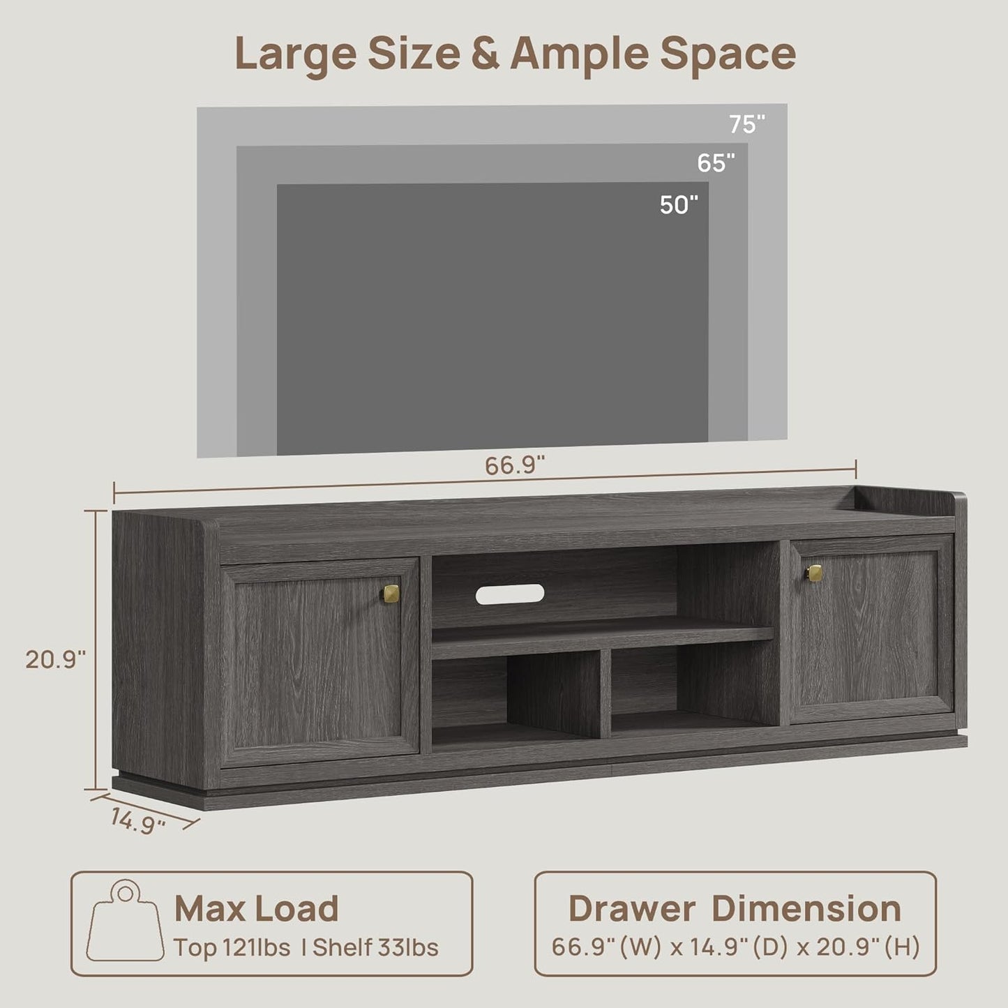 SICOTAS TV Stand Entertainment Center - 67" TV Console for Living Room Modern TV Stand for Bedroom, Media Console with Shelf and Cabinet, Entertainment Stand for TVs up to 65 75 Inch(Dark Grey Oak)