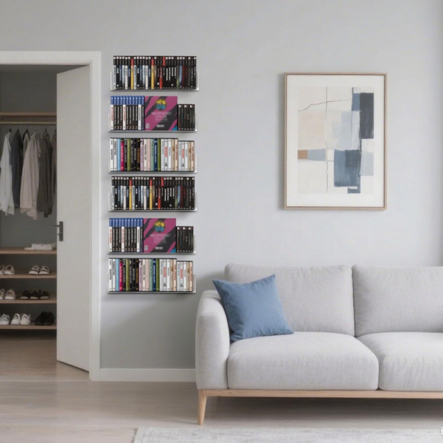 Yalikop 6 Pack Cd DVD Floating Shelves U Shape Shelves Storage Metal Cd DVD Storage Organizer White Wall Bookshelf for Movie Cases for Living Room, Bedroom, Bathroom, Kitchen