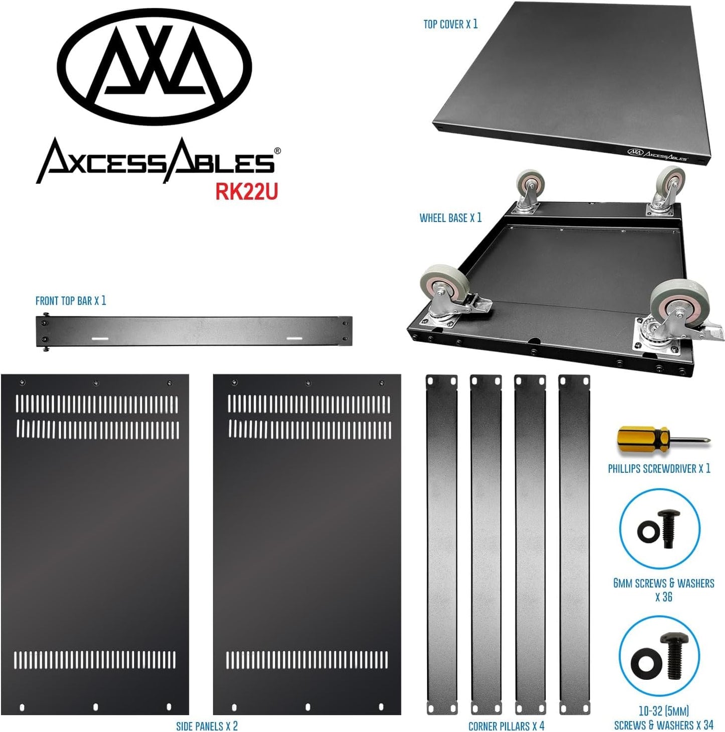 AxcessAbles RK 22U Rack-Mount Cabinet Case w/Caster Wheels (Compatible with US 5mm& European 6mm Rack Standards.) Rack for AV, DJ, Home Theater, Network, Server, Computer, Electronics
