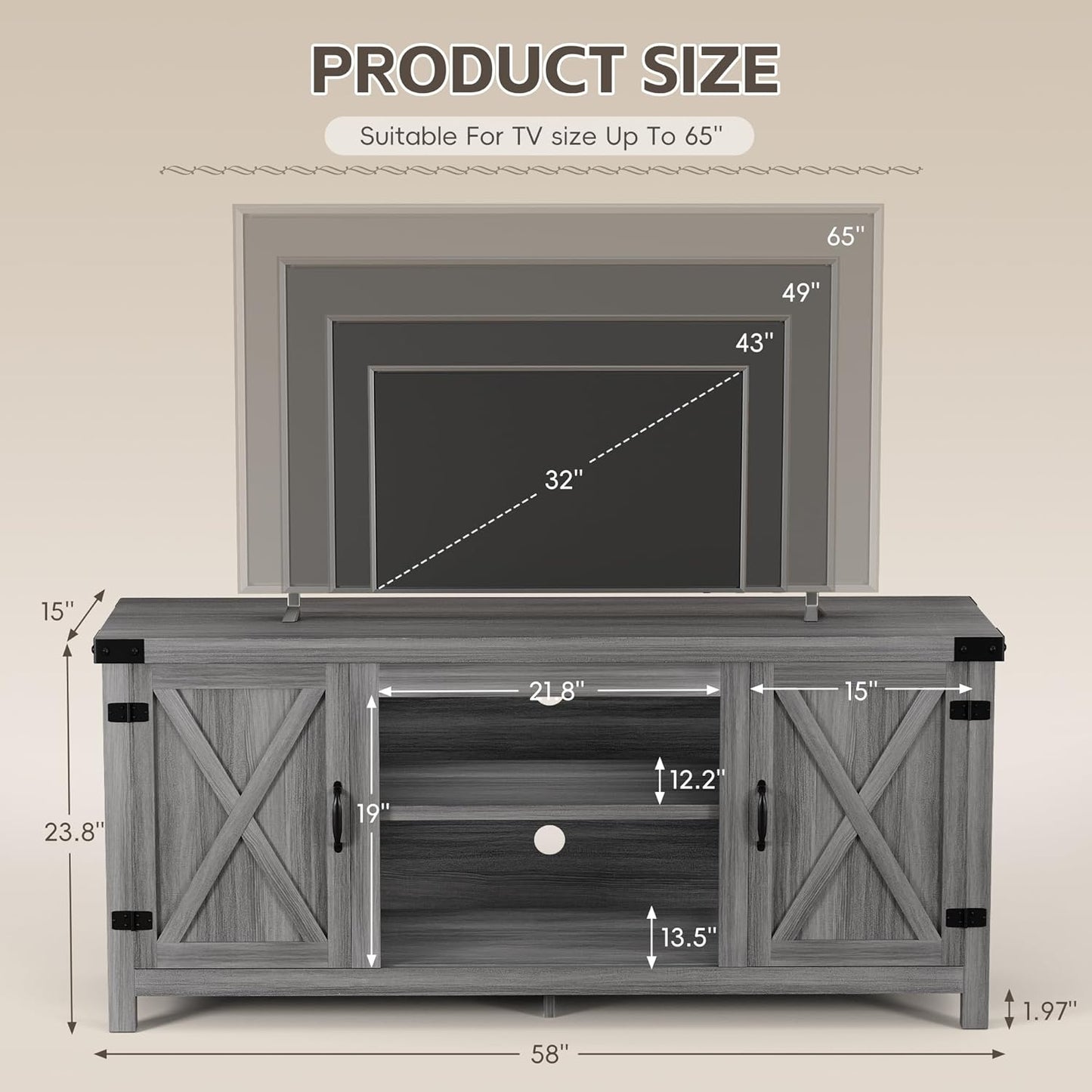 YESHOMY Modern Farmhouse TV Stand with Two Barn Doors and Storage Cabinets for Televisions up to 65+ Inch,Entertainment Center Console Table,Media Furniture for Living Room, Grey