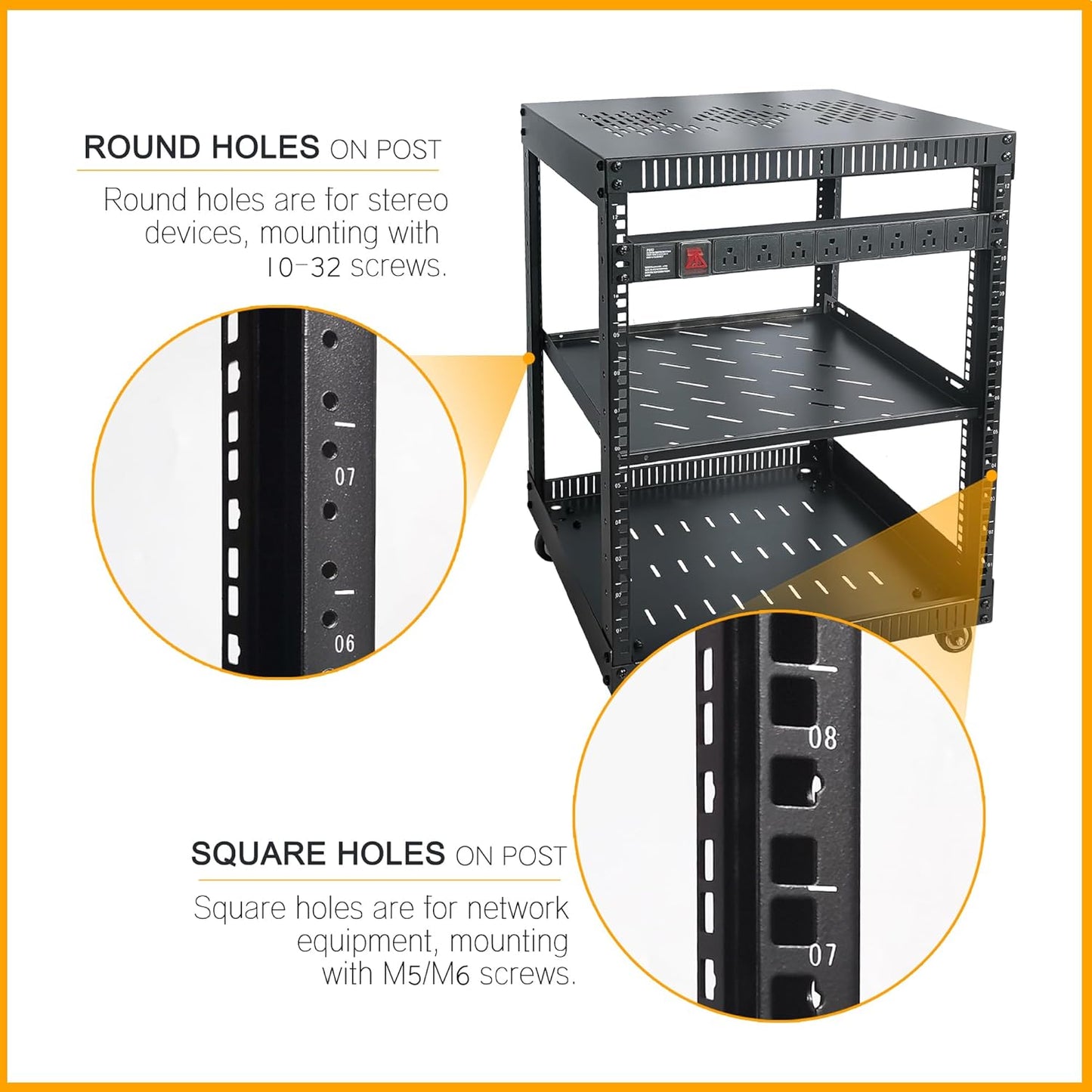 RIVECO 12U Network Rack with Reinforced Top Cover - 4 Post Floor Rack on Wheels for 19" Equipment & Stereo Gear- Including Rack Mount Power Strip & 1PCS 1U Rack Shelf