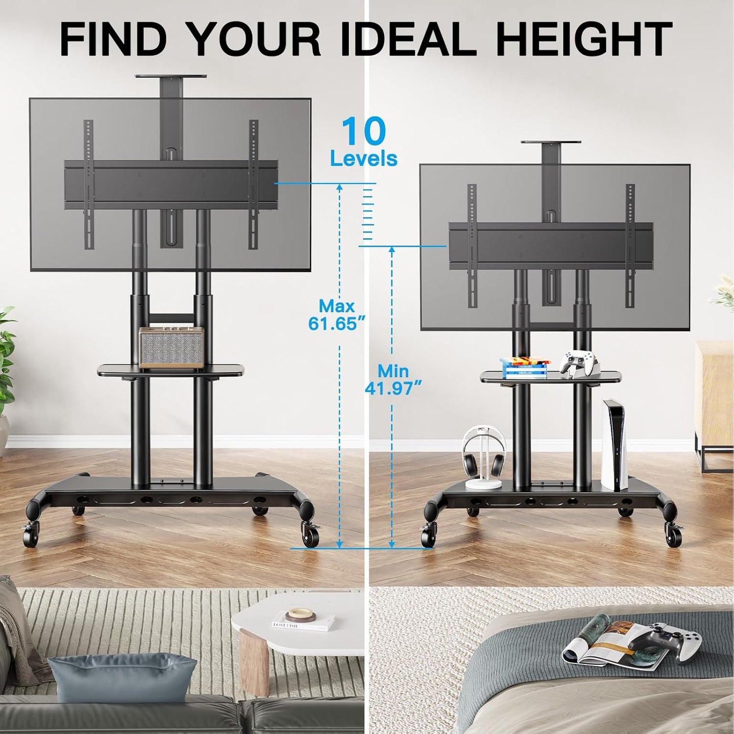 PERLESMITH Mobile TV Stand for 55-90 Inch Flat/Curved Screen TV Max VESA 800x500mm Outdoor TV Cart with Height Adjustable AV Shelf- UL Certificated Rolling Floor TV Stand Holds up to 200Lbs (PSTVMC07)