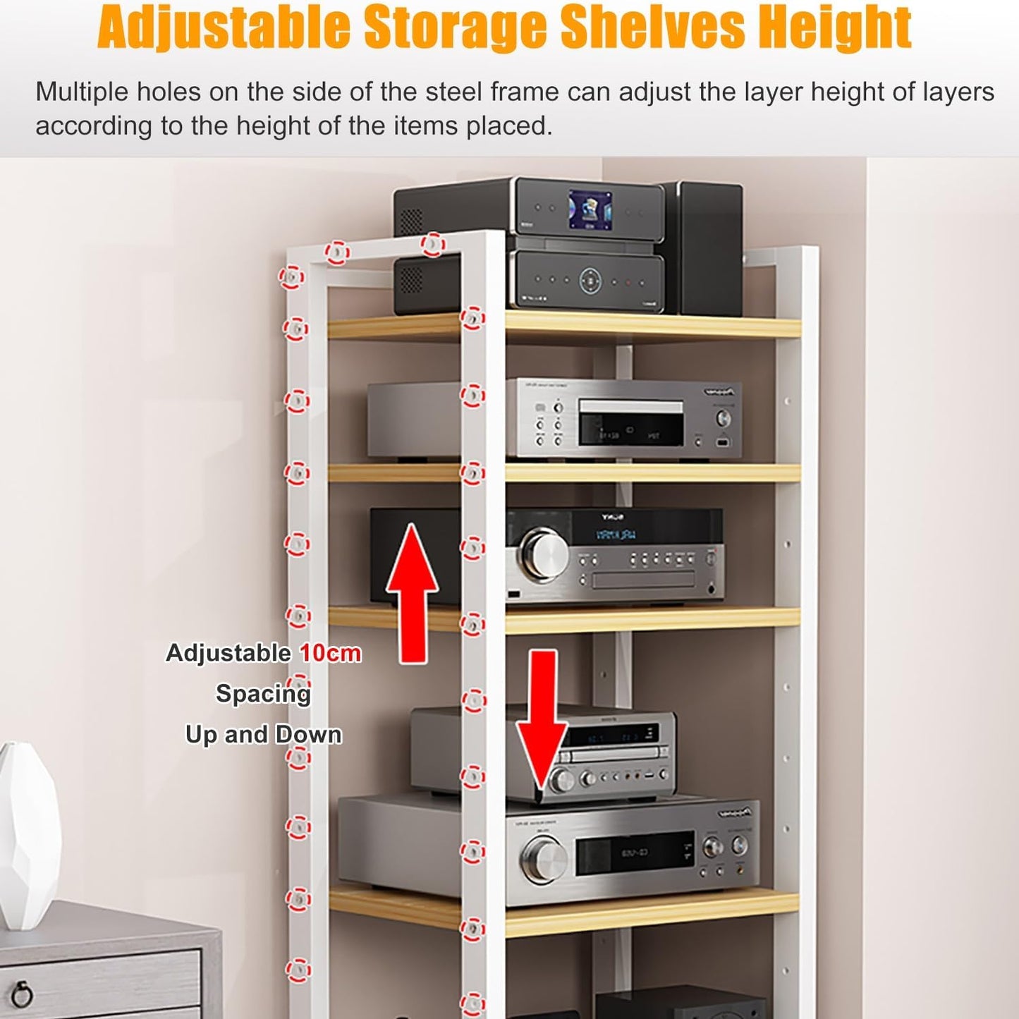 7-Tier AV Media Stand, Audio Rack Stereo Cabinet, Adjustable Media Storage Shelves with Wheels, CD Player Video Game Console Shelf Entertainment Component Stand(A)