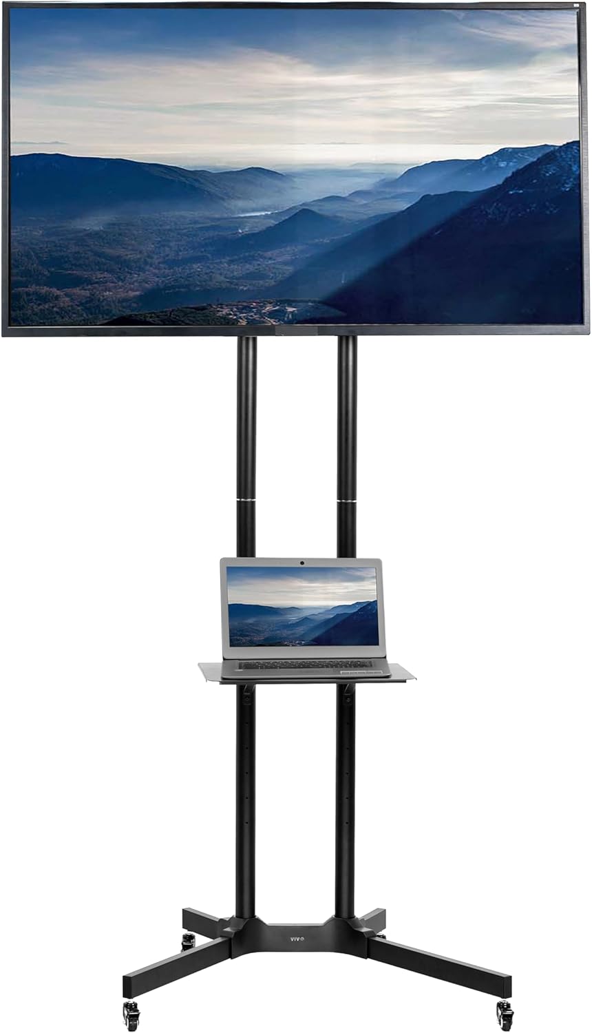 VIVO Mobile TV Cart for 32 to 83 inch Screens up to 110 lbs, LCD LED OLED 4K Smart Flat and Curved Panels, Rolling Stand with Laptop DVD Shelf, Locking Wheels, Max VESA 600x400, Black, STAND-TV03E
