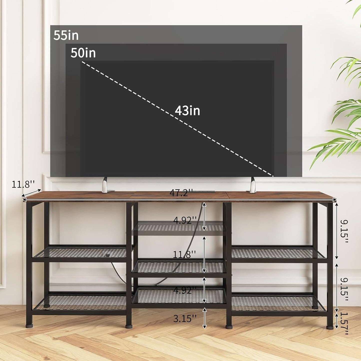YGEOMER TV Stand for 55 inch TVs, Entertainment Center with Movable Shelf Panels, Power Outlet and LED Lights Open Storage Shelves, TV Media Console Table for Living Room and Bedroom, Rustic Brown