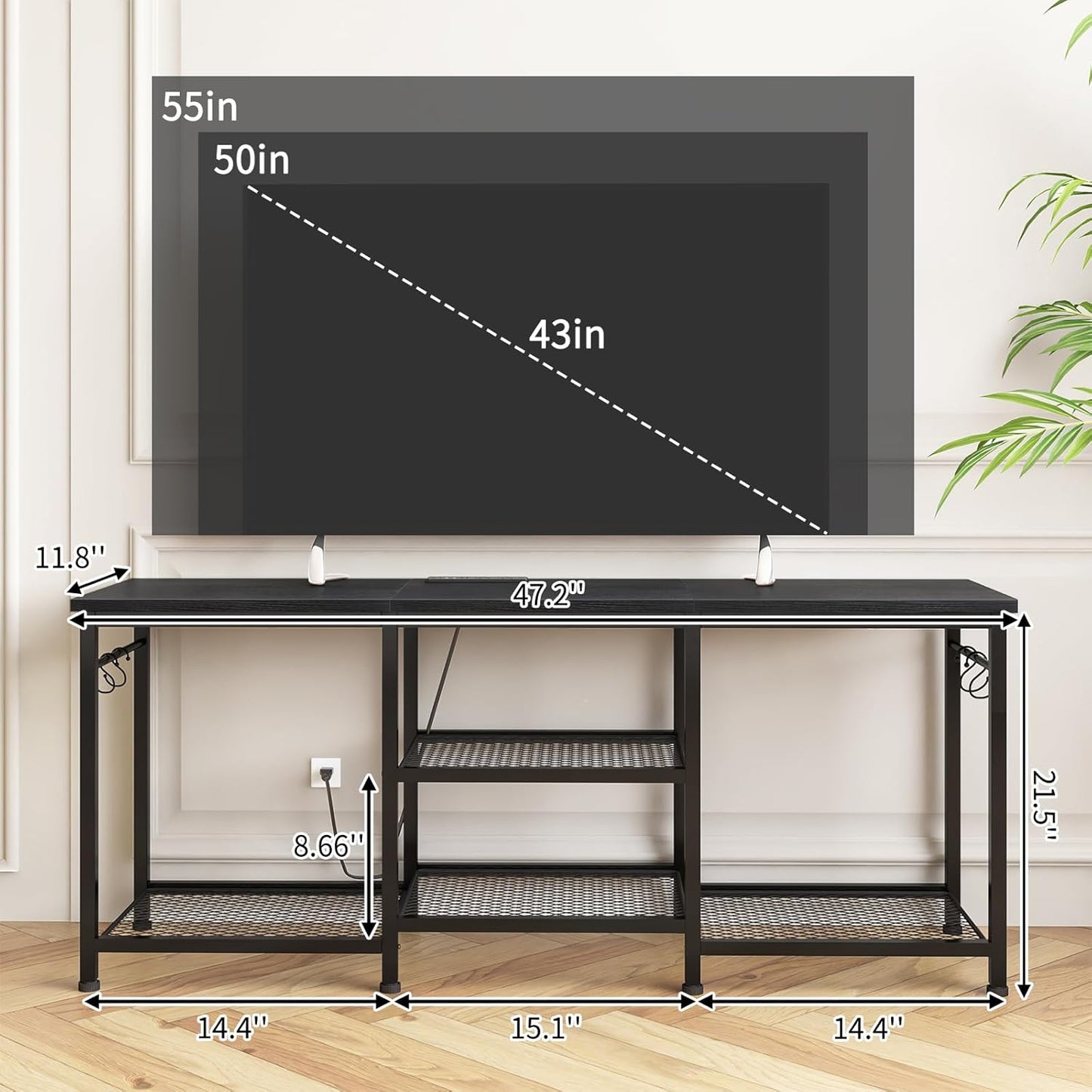 YGEOMER Entertainment Center for 55 inch TVs, TV Stand with Power Outlet and Open Storage Shelves, TV Media Console Table for Living Room and Bedroom,Black