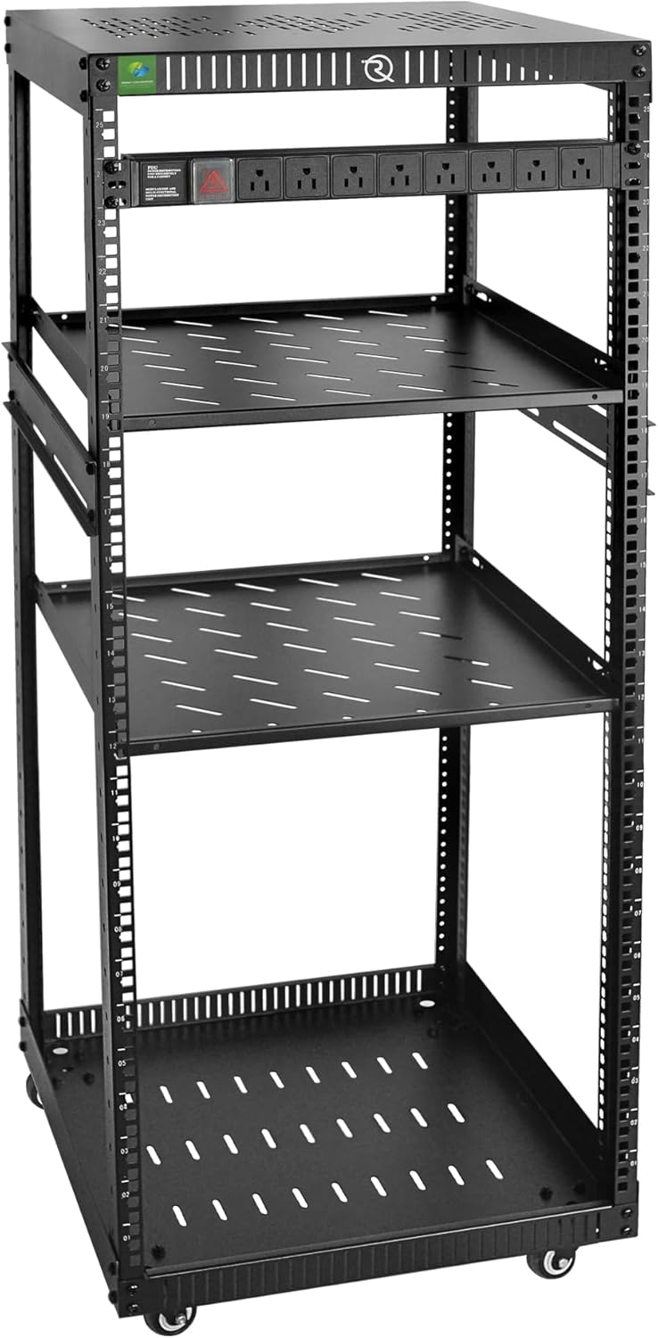 RIVECO 12U Network Rack with Reinforced Top Cover - 4 Post Floor Rack on Wheels for 19" Equipment & Stereo Gear- Including Rack Mount Power Strip & 1PCS 1U Rack Shelf