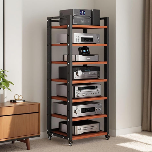 7-Tier AV Media Stand, Audio Rack Stereo Cabinet, Adjustable Media Storage Shelves with Wheels, CD Player Video Game Console Shelf Entertainment Component Stand(A)