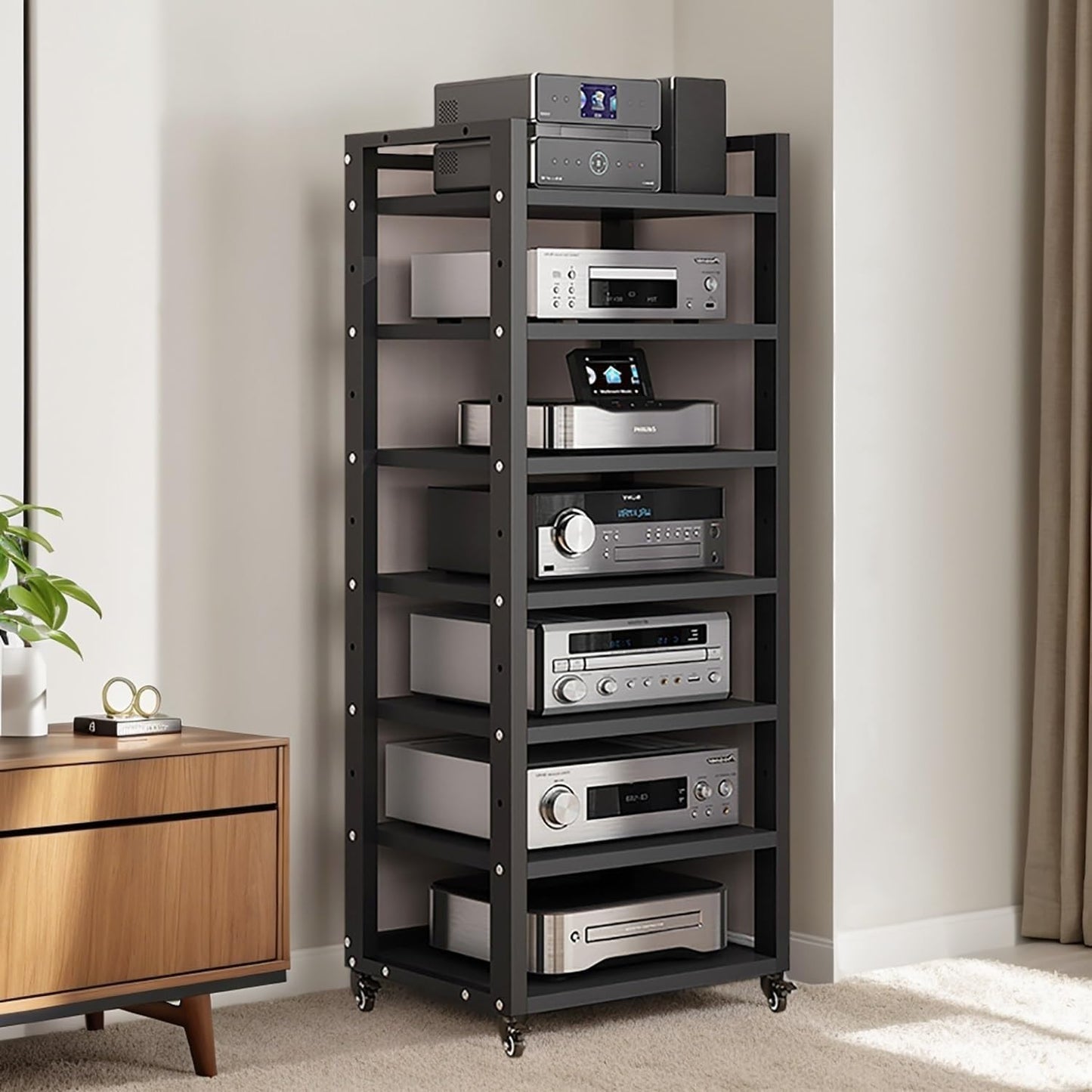 7-Tier AV Media Stand, Audio Rack Stereo Cabinet, Adjustable Media Storage Shelves with Wheels, CD Player Video Game Console Shelf Entertainment Component Stand(A)