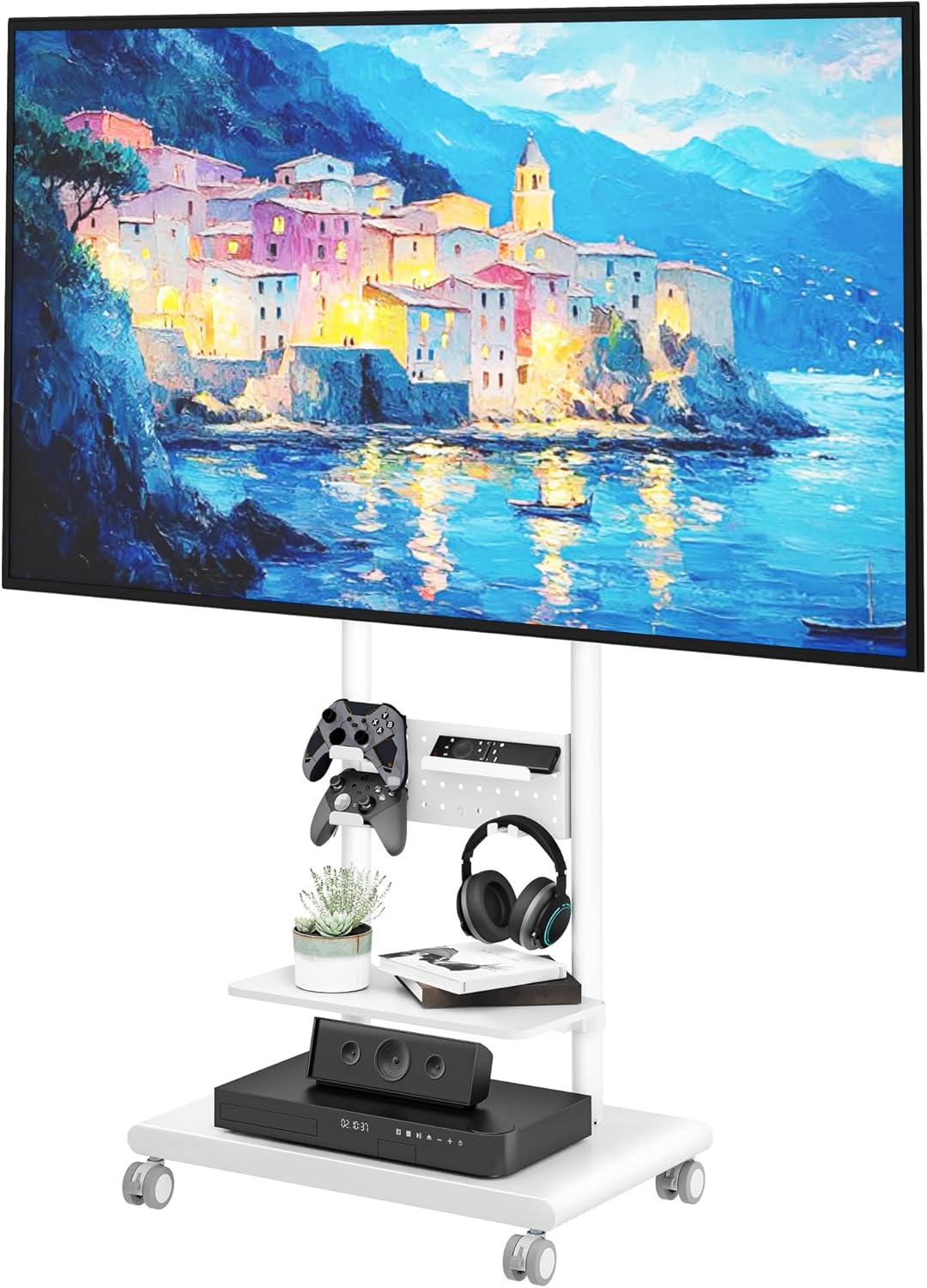 Rolling TV Stand with Versatile Storage Pegboard for 50-90 inch TVs up to 154lbs, Height Adjustable Mobile TV Stand with Storage Shelves, Tilt Swivel TV Cart Max VESA 600x400mm, White