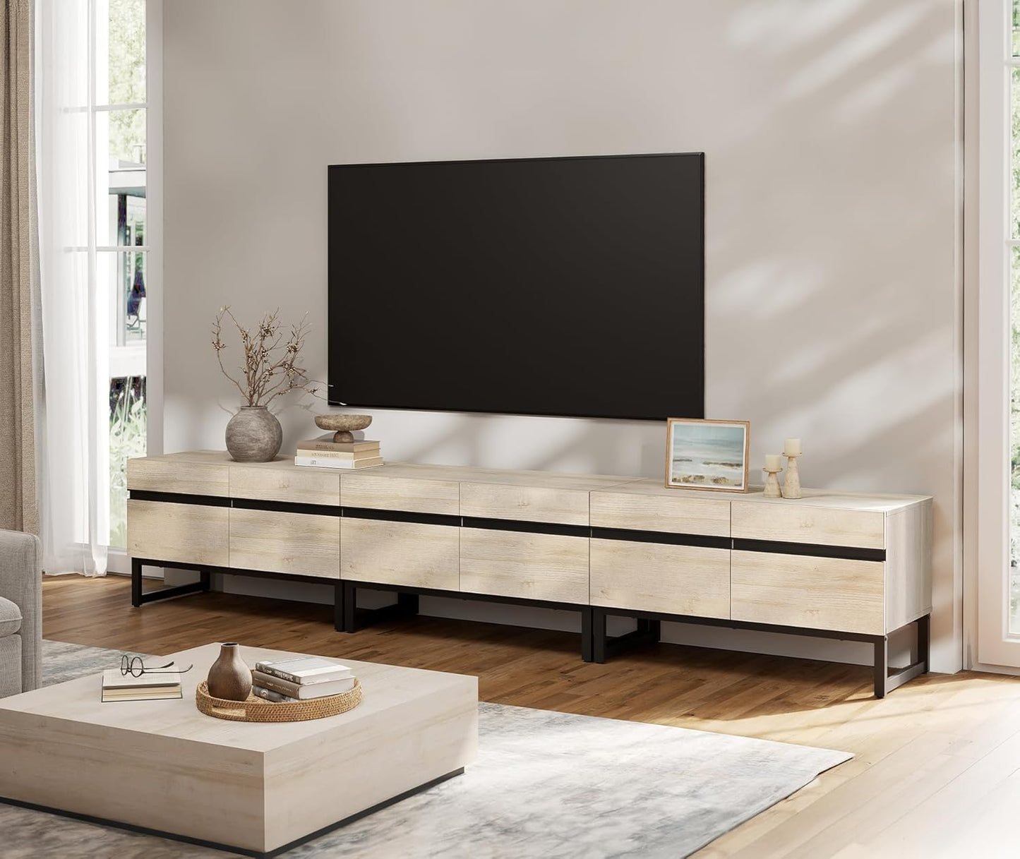 Wampat 3 in 1 Modern TV Stand for Up to 110 inch TVs, Wood Entertainment Center with Storage Cabinets and Metal Base, Living Room Media Console, Brown