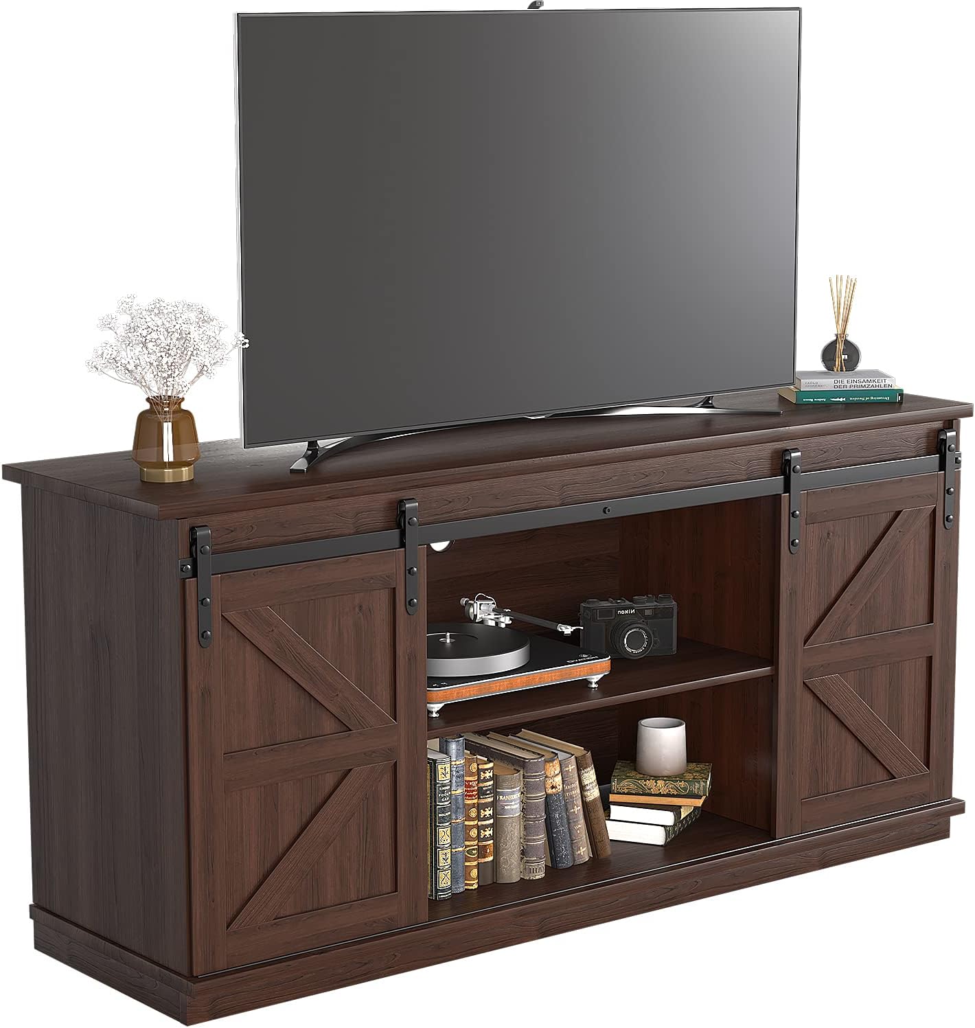 JUMMICO TV Stand for 65 Inch TV, Entertainment Center with Storage Cabinets and Sliding Barn Doors, Mid Century Modern Media TV Console Table for Living Room Bedroom (Bright White)