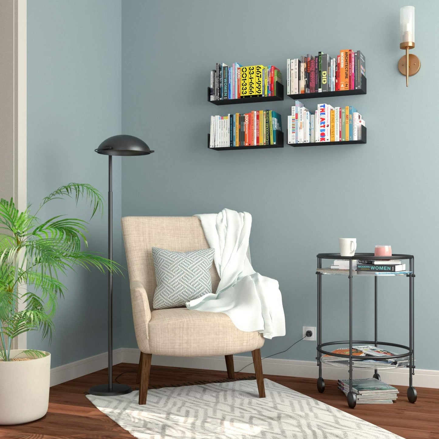 Wallniture Bali Black Floating Shelves for Wall, CD DVD Storage Shelves and Metal Bookshelf Set of 4