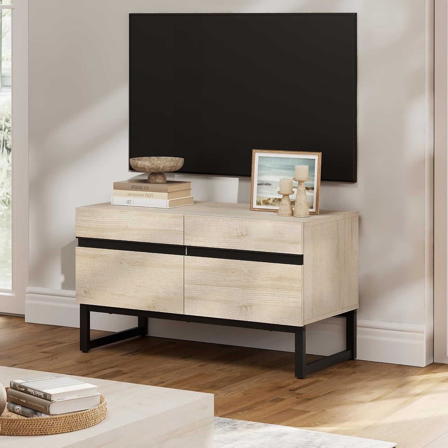 Wampat 3 in 1 Modern TV Stand for Up to 110 inch TVs, Wood Entertainment Center with Storage Cabinets and Metal Base, Living Room Media Console, Brown