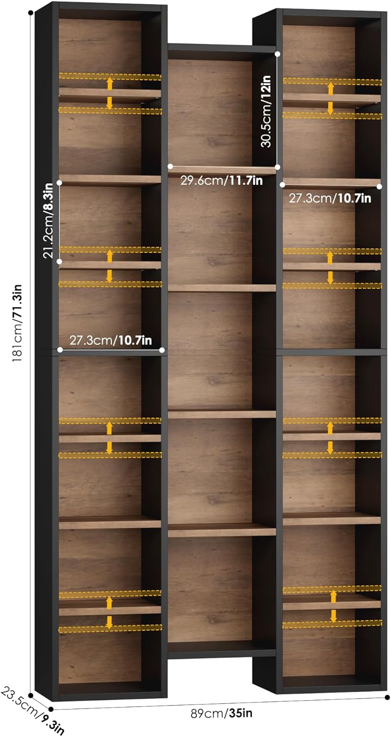 FOTOSOK 71’’ Tall Bookshelf, Triple Wide Bookshelf with Adjustable Shelves, 8 Tier Media CD DVD Storage Tower Rack, Diaplay Cabinet Shelf, Cube Storage Organizer Shelf for Home Office, Black/Brown