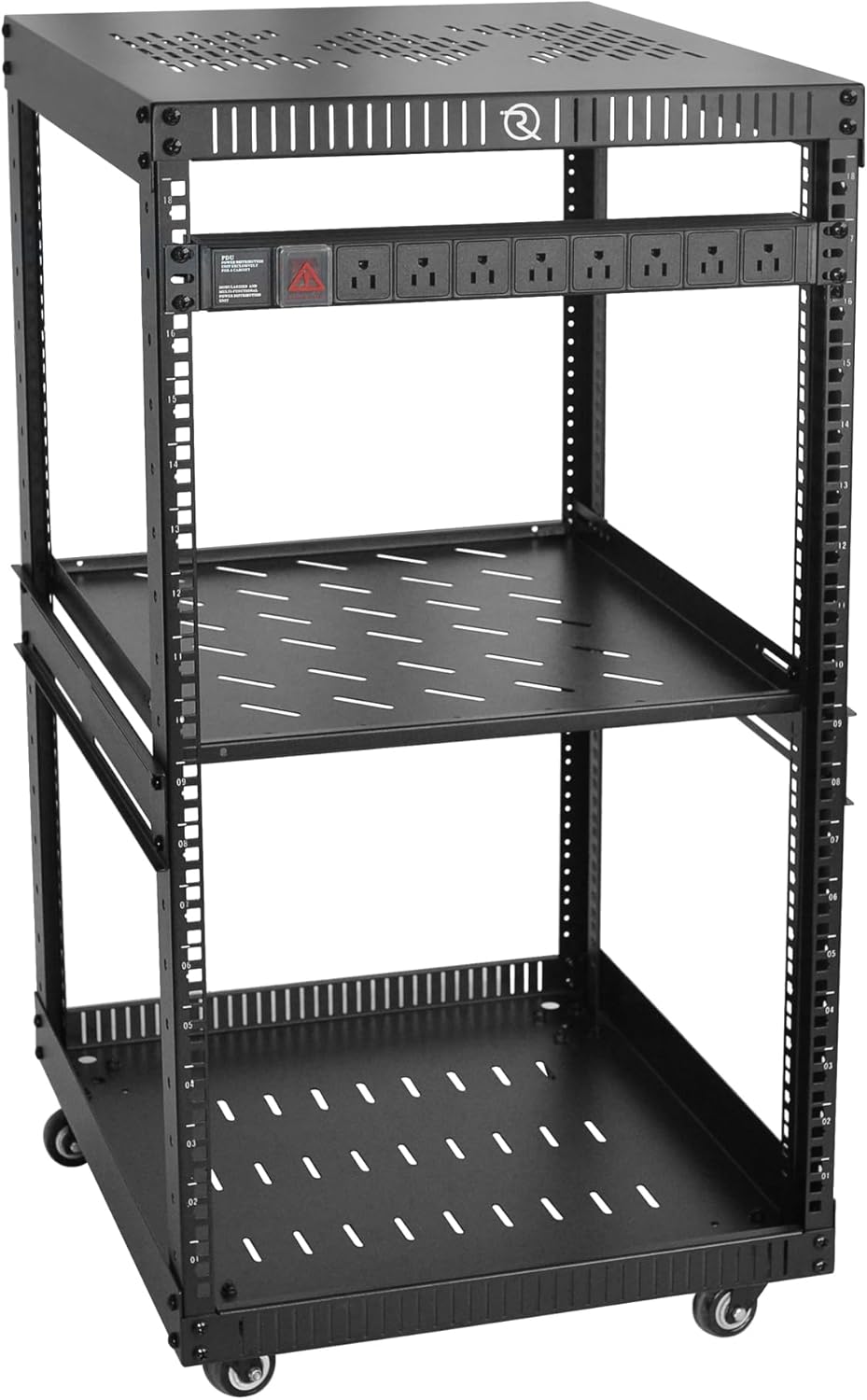 RIVECO 12U Network Rack with Reinforced Top Cover - 4 Post Floor Rack on Wheels for 19" Equipment & Stereo Gear- Including Rack Mount Power Strip & 1PCS 1U Rack Shelf