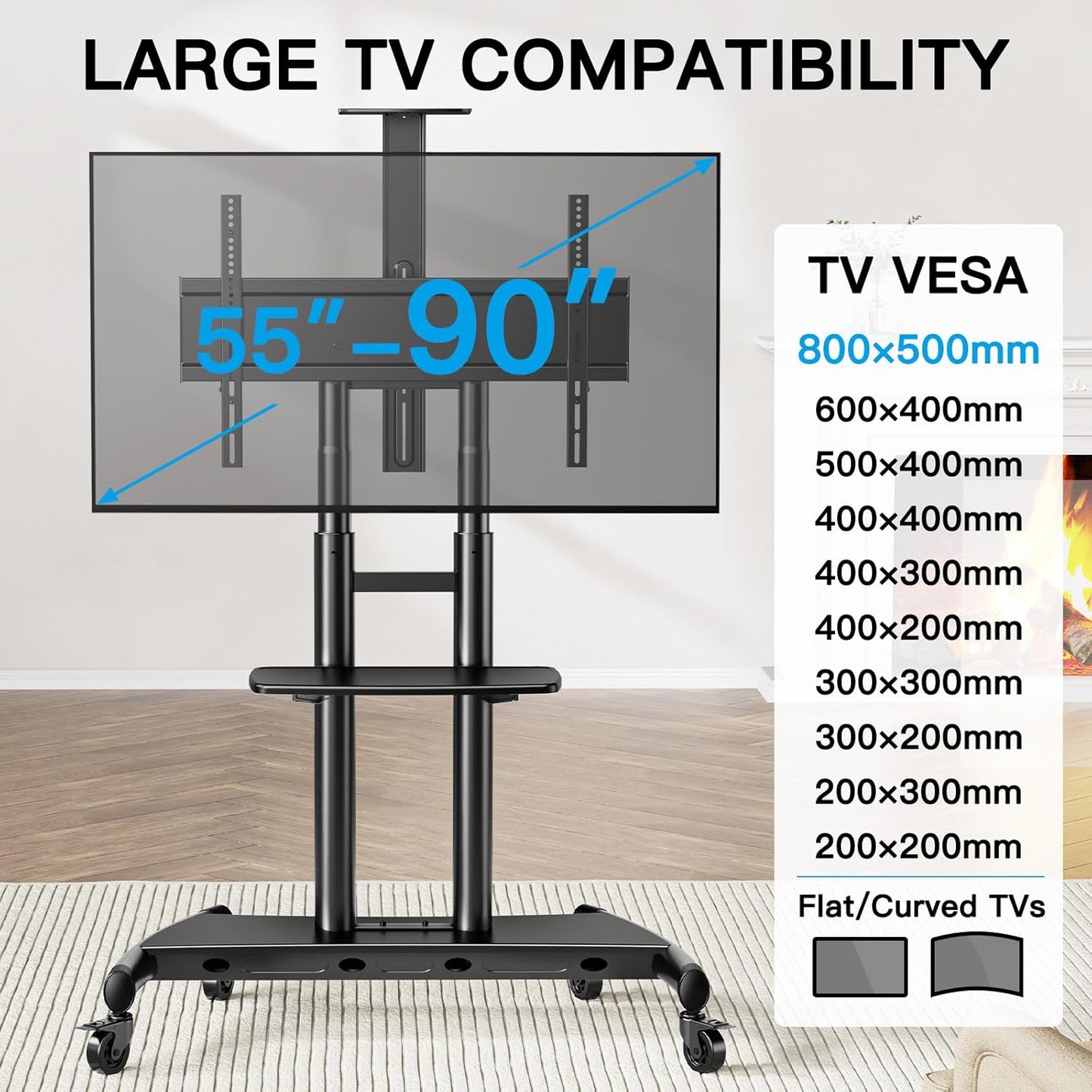 PERLESMITH Mobile TV Stand for 55-90 Inch Flat/Curved Screen TV Max VESA 800x500mm Outdoor TV Cart with Height Adjustable AV Shelf- UL Certificated Rolling Floor TV Stand Holds up to 200Lbs (PSTVMC07)