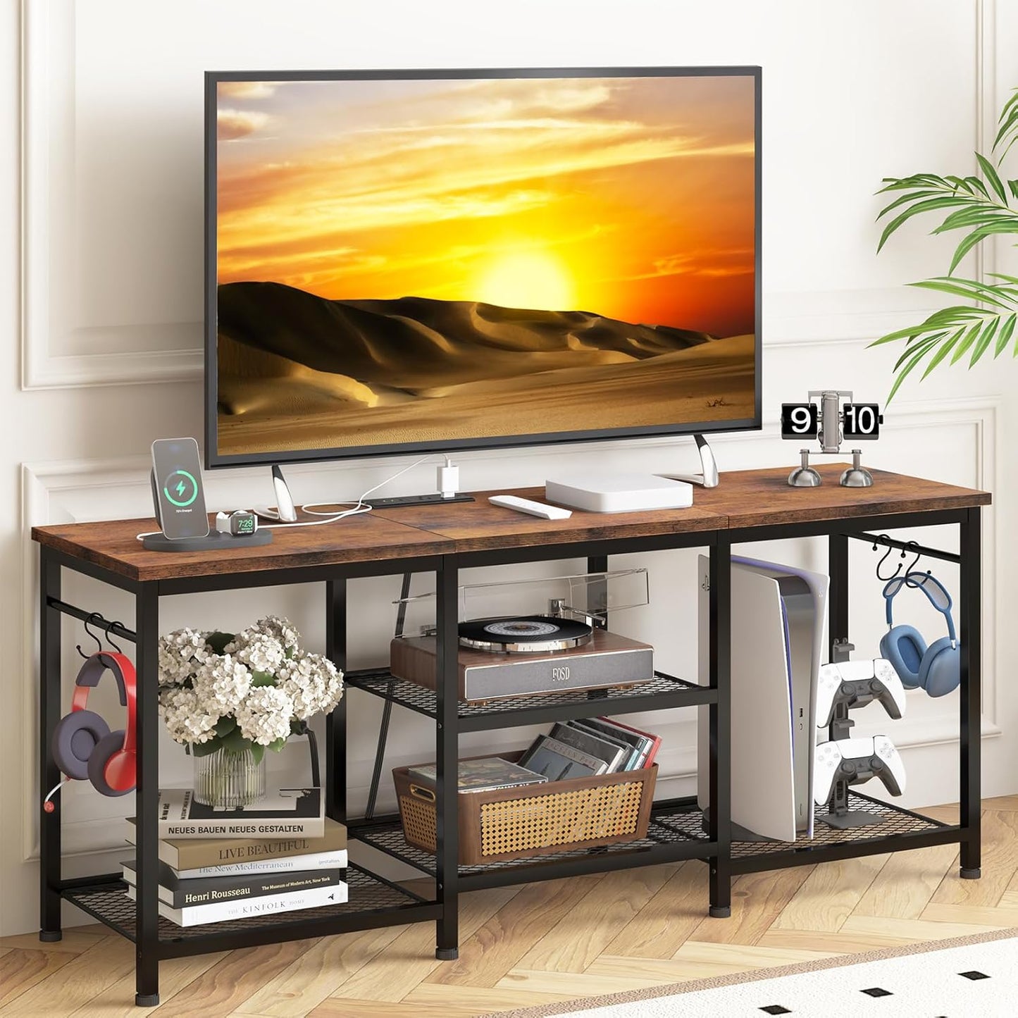 YGEOMER Entertainment Center for 55 inch TVs, TV Stand with Power Outlet and Open Storage Shelves, TV Media Console Table for Living Room and Bedroom,Black