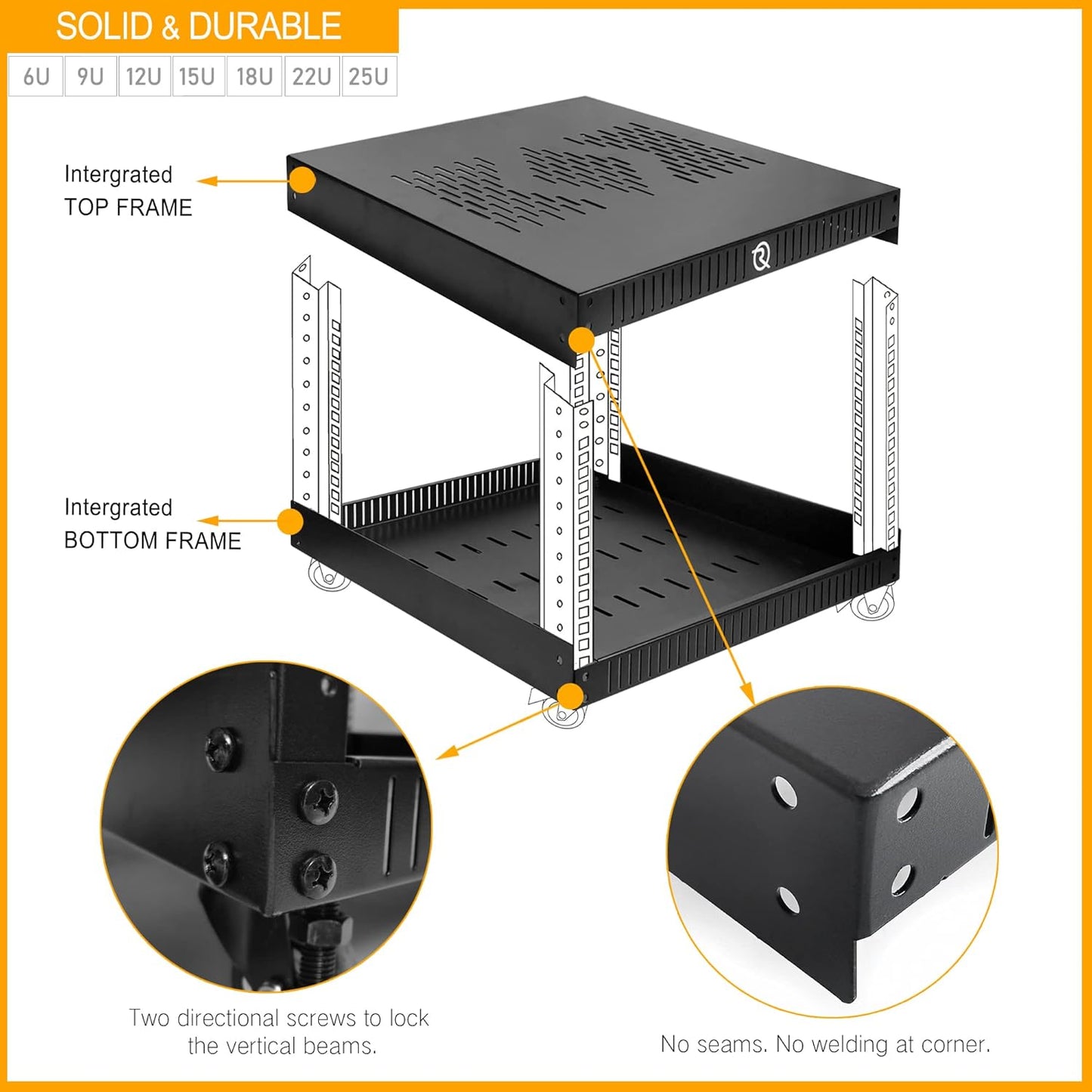 RIVECO 12U Network Rack with Reinforced Top Cover - 4 Post Floor Rack on Wheels for 19" Equipment & Stereo Gear- Including Rack Mount Power Strip & 1PCS 1U Rack Shelf