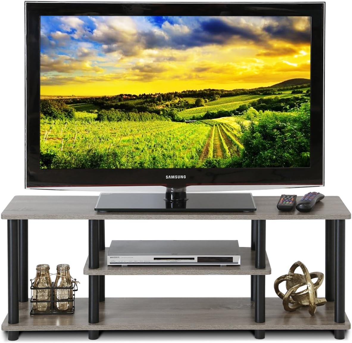 Furinno Turn-N-Tube No Tools 3D 3-Tier Entertainment TV Stand up to 50 inch TV, Round Tubes, French Oak Grey/Black