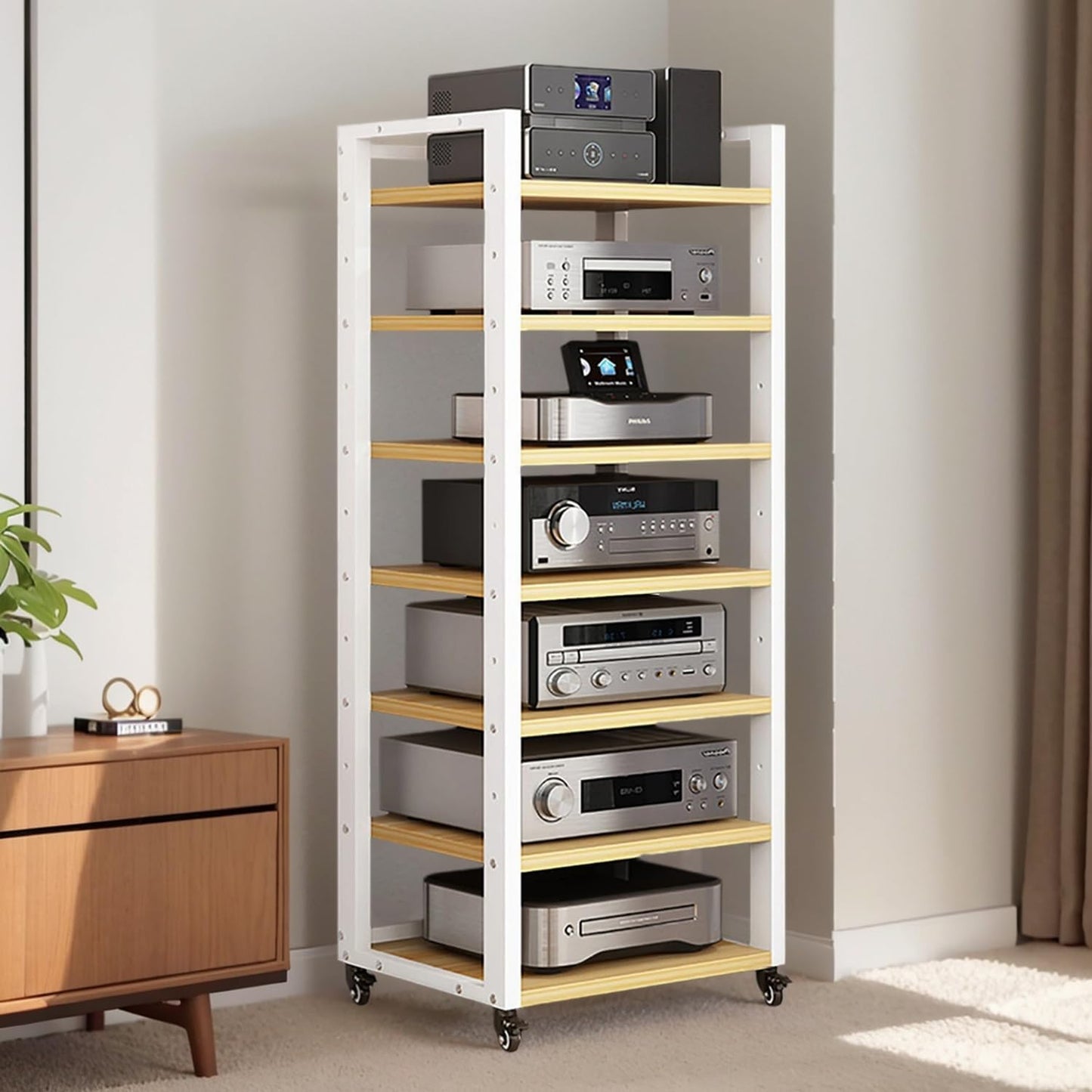7-Tier AV Media Stand, Audio Rack Stereo Cabinet, Adjustable Media Storage Shelves with Wheels, CD Player Video Game Console Shelf Entertainment Component Stand(A)