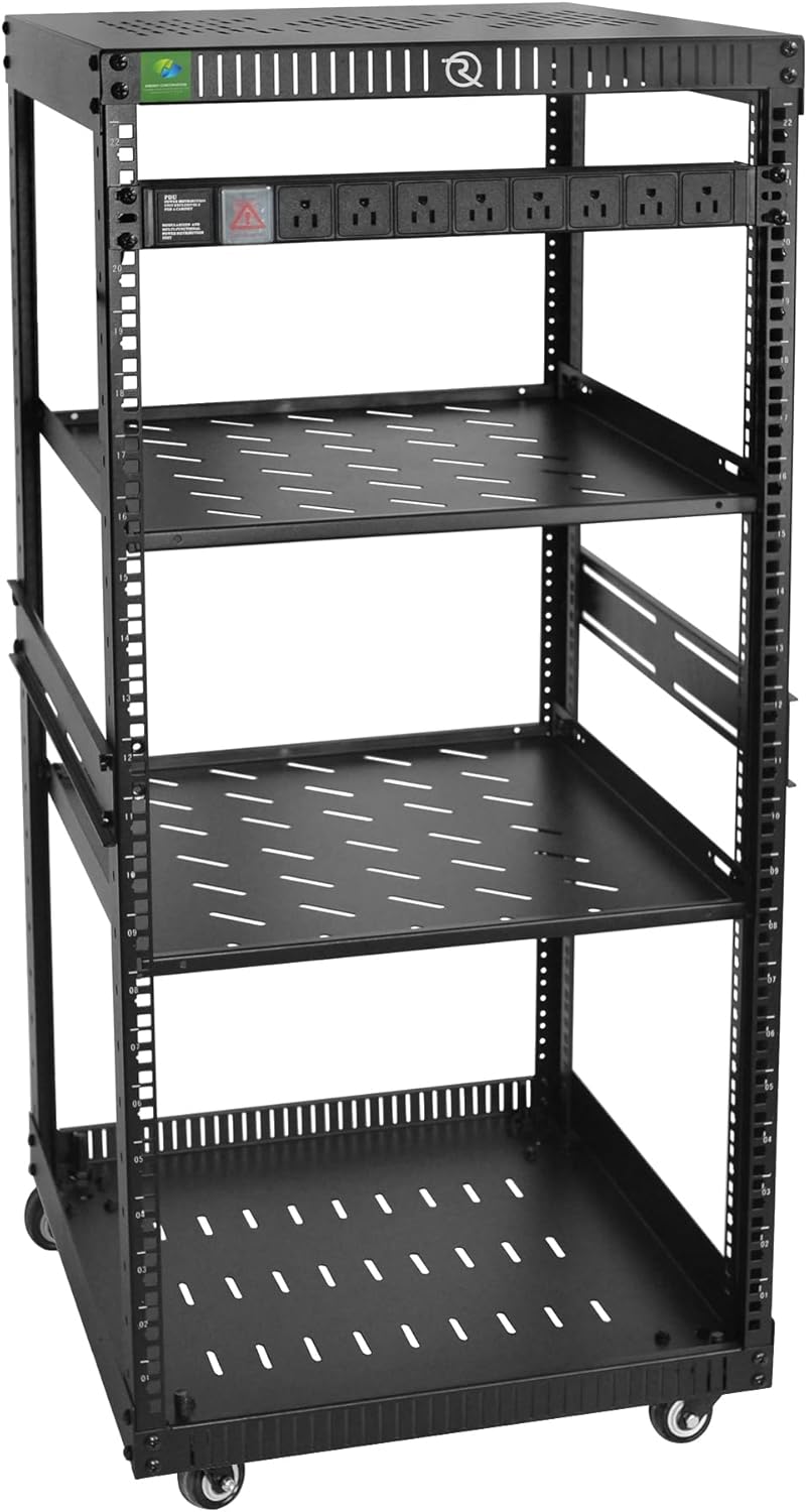 RIVECO 12U Network Rack with Reinforced Top Cover - 4 Post Floor Rack on Wheels for 19" Equipment & Stereo Gear- Including Rack Mount Power Strip & 1PCS 1U Rack Shelf