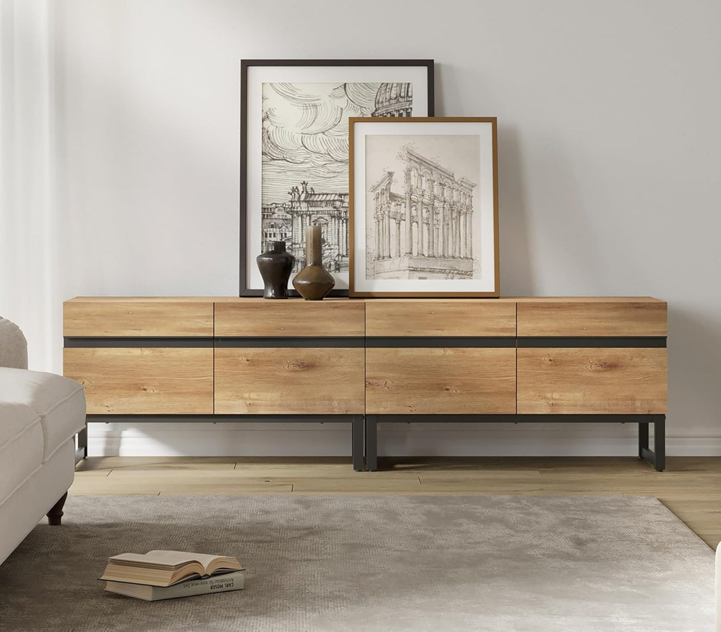 Wampat 3 in 1 Modern TV Stand for Up to 110 inch TVs, Wood Entertainment Center with Storage Cabinets and Metal Base, Living Room Media Console, Brown