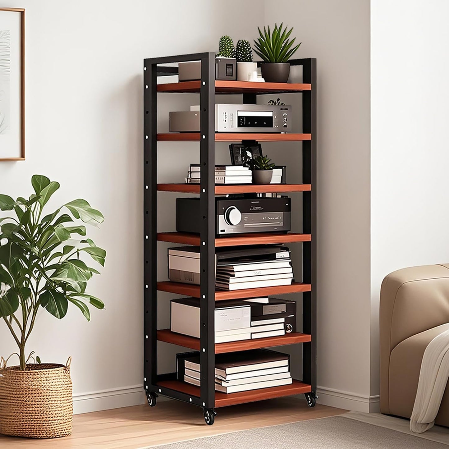7-Tier AV Media Stand, Audio Rack Stereo Cabinet, Adjustable Media Storage Shelves with Wheels, CD Player Video Game Console Shelf Entertainment Component Stand(A)