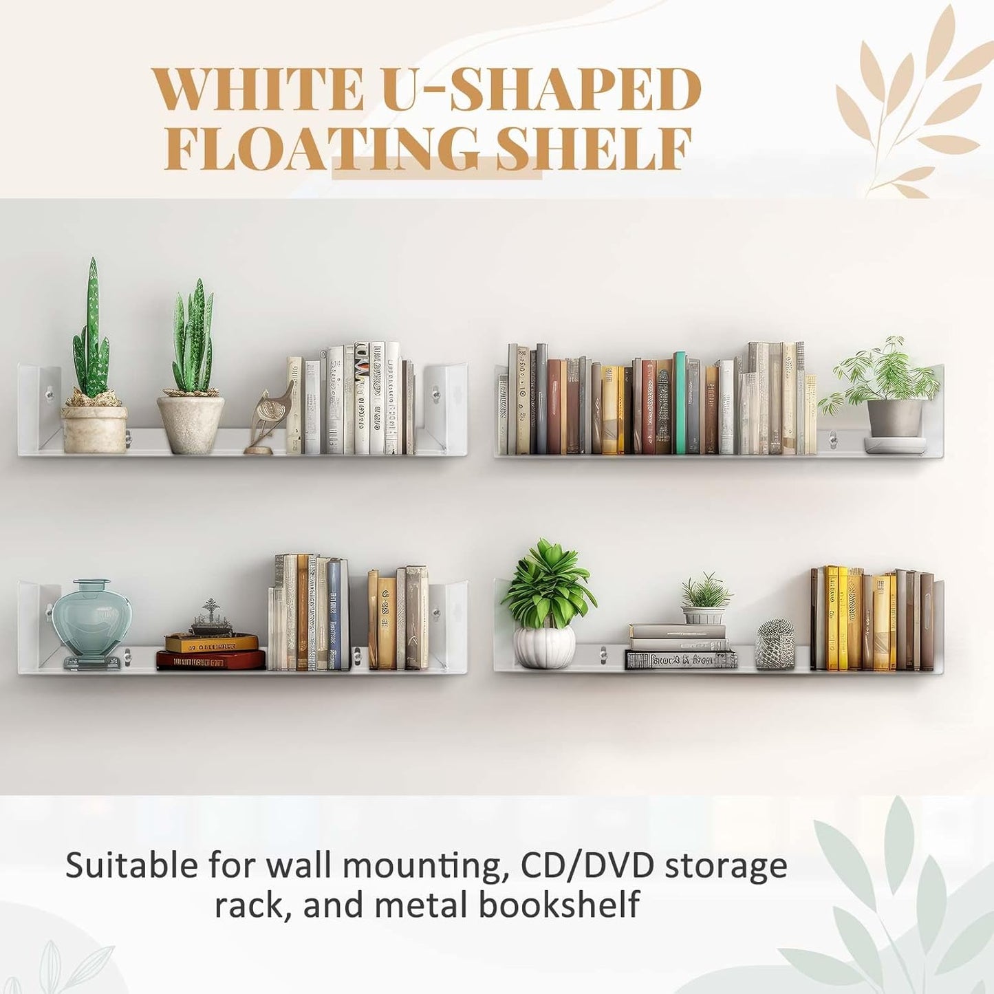 Yalikop 6 Pack Cd DVD Floating Shelves U Shape Shelves Storage Metal Cd DVD Storage Organizer White Wall Bookshelf for Movie Cases for Living Room, Bedroom, Bathroom, Kitchen