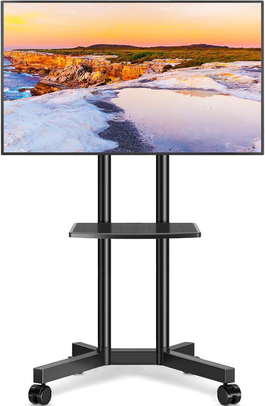 Mobile TV Stand with Upgraded Wheels for 32-75 Inch TVs up to 88 lbs, Height Adjustable Rolling TV Stand with Laptop Shelf, Mobile TV Cart with Heavy Duty Structure for Living Room, Patio, Office